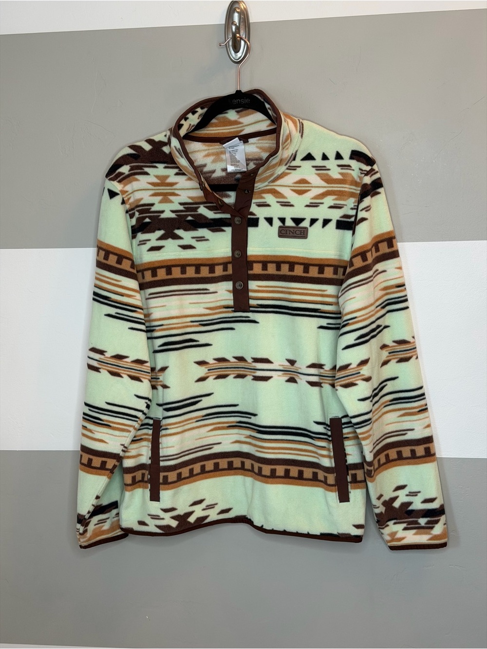 Cinch Mint, Brown & Tan Patterned Funnel Neck Pullover large